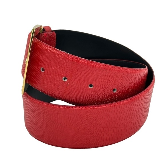 Wide Lizard Embossed Red Leather Belt With Gold Toned Buckle Vintage Size 31 - Picture 2 of 6